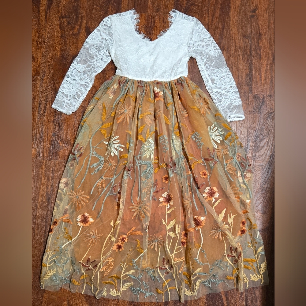 Rustic Burnt Orange Embroidered Flower Girl Dress with Chantilly Lace